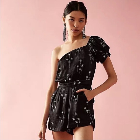 $198 RARE! Free People Embroidered Satin One Shoulder Romper Black - Picture 1 of 16